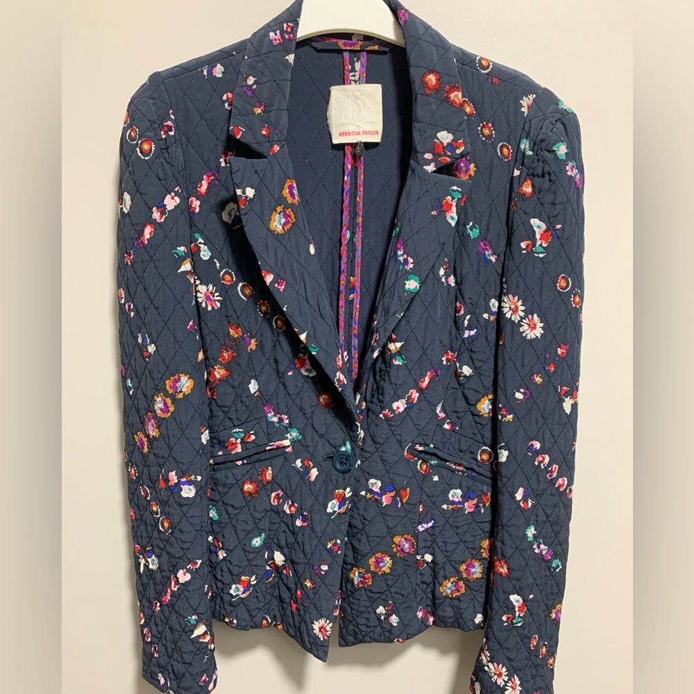Rebecca Taylor 100% Silk Quilted Floral Blazer Jacket